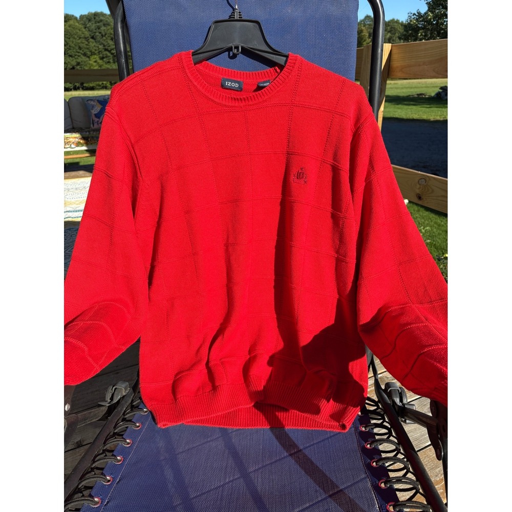 Izod Mens Red Grid Texture Cotton Crewneck Sweater XL Long Sleeve Crest Logo